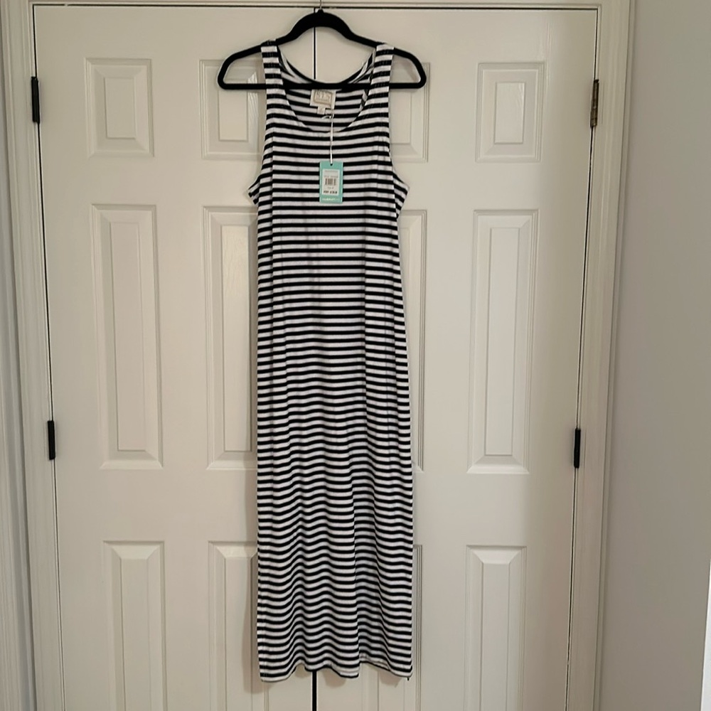 Sail To Sable • Jetting To Jetties Maxi Dress navy blue white stripe tank knit